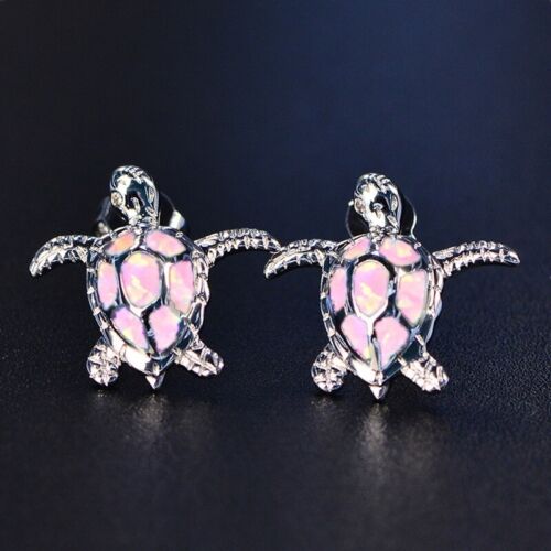 Cute Sea Turtle Pink Simulated Opal Dangle Stud Earrings Silver Wedding Jewelry  - Zdjęcie 1 z 3