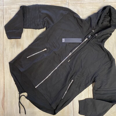 Mens hoodie Medium Black Zip Up Hoody King Kouture RRP £40 Ribbed Fish Tail