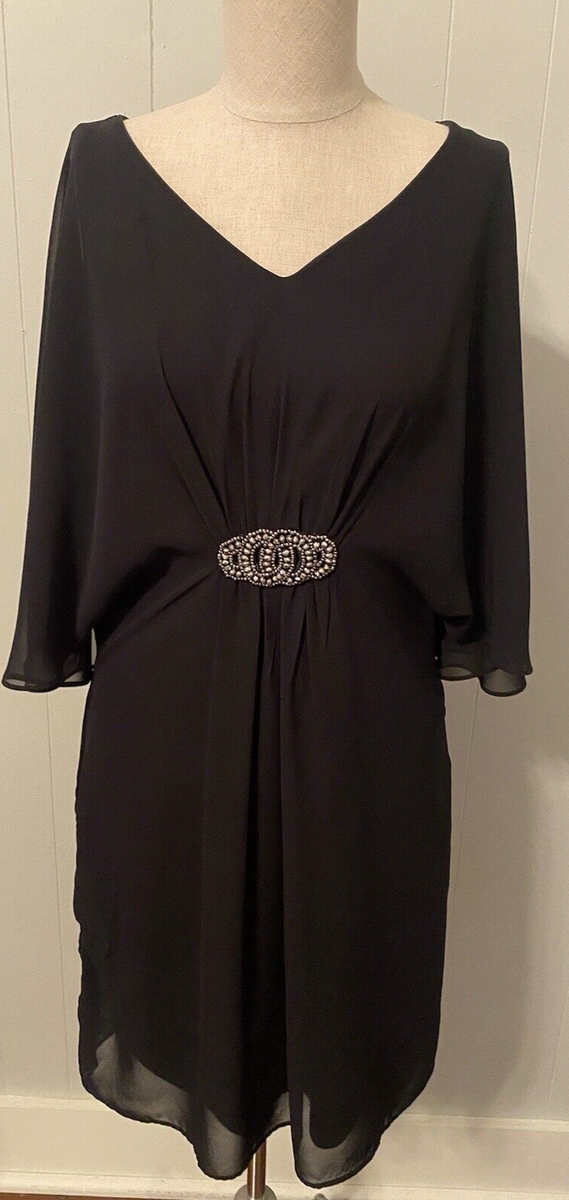 MSK Black Chiffon Overlay Butterfly Sleeve Jeweled Midi Dress Size 6 Small  | eBay