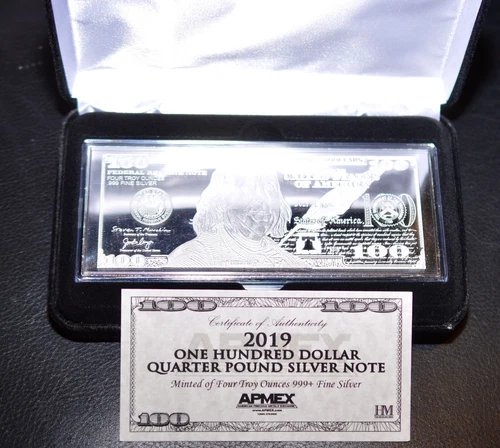 4 oz .999 Silver Bar-Random Year $100 Ben Franklin Bill- Box/COA - Free Coin