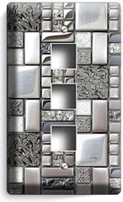 BRUSHED CHROME TILE DESIGN LIGHT SWITCH OUTLET WALL PLATE KITCHEN HOME ART DECOR