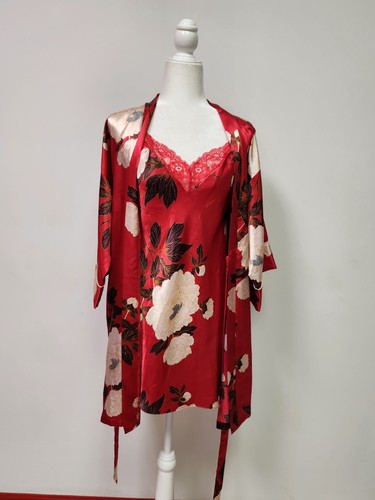 Linea Donatella Red Kara Floral-Print Satin Wrap Robe And Slip Set Size Medium - Picture 3 of 14