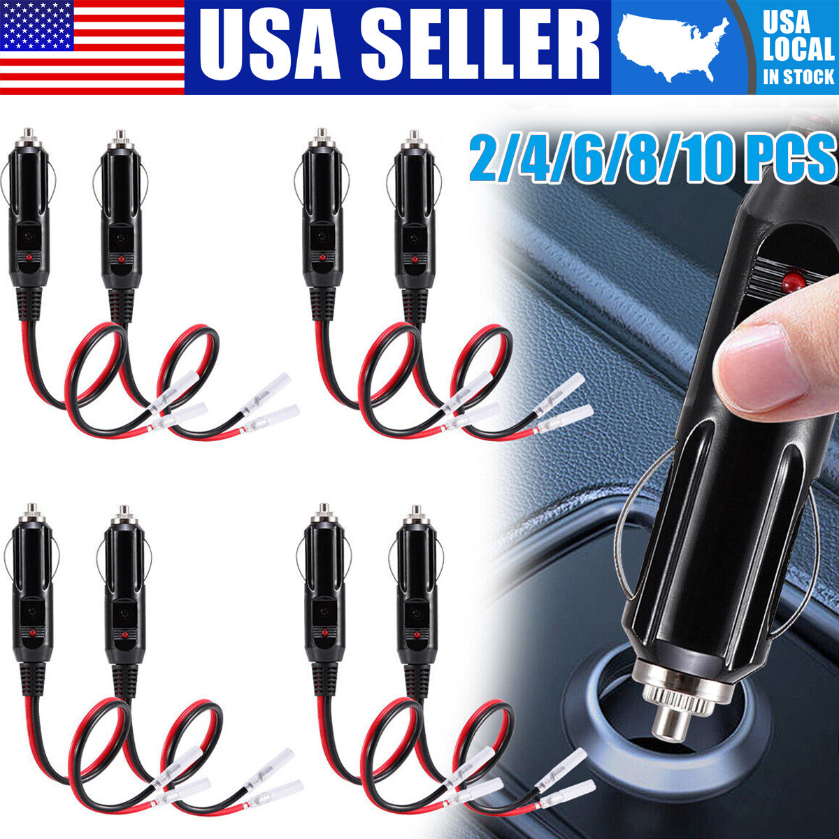 2-10 PCS 12V Fused LED Light Cigarette Lighter Male Plug Replacement with Leads