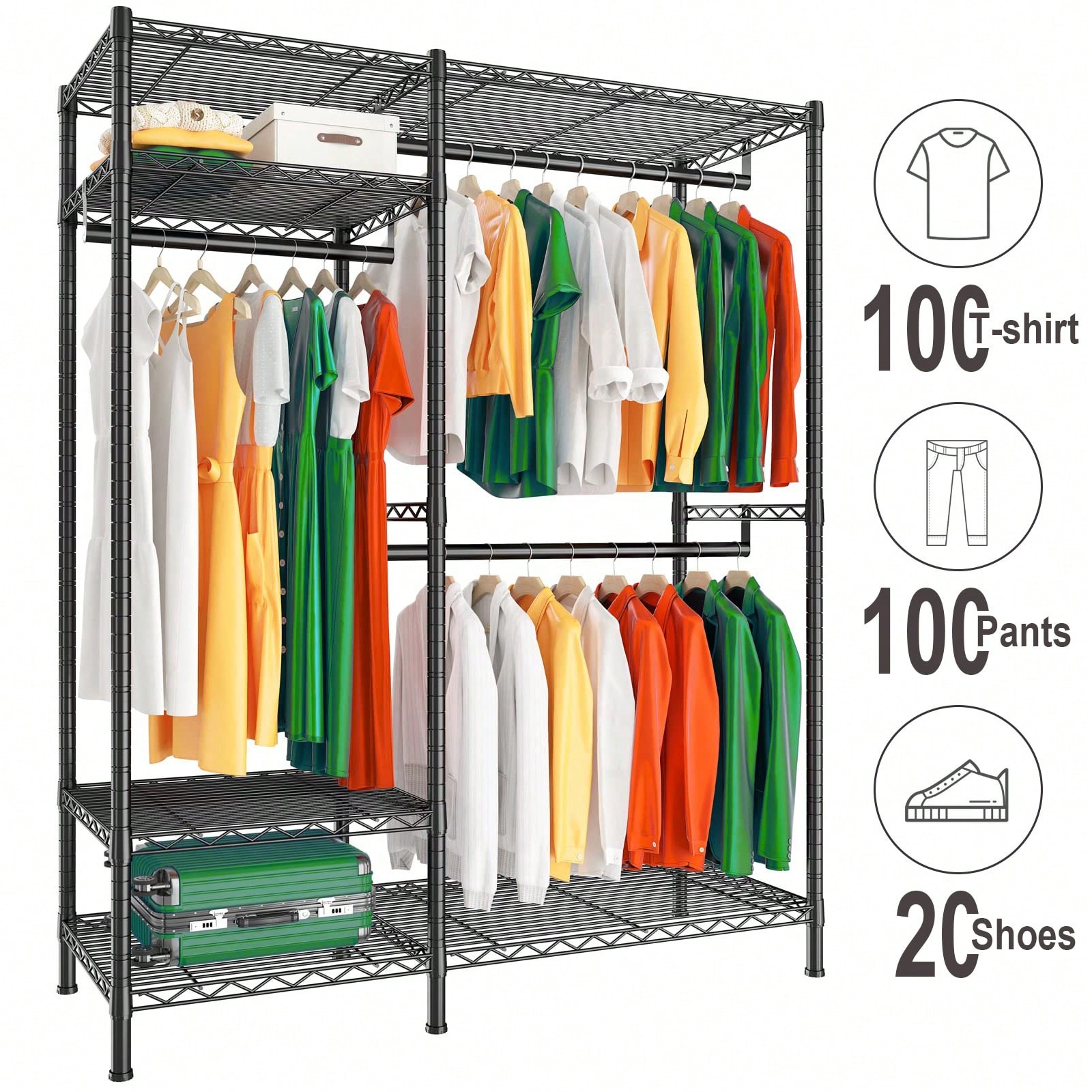 Heavy-Duty 4-Tier Metal Clothes Rack with 3 Shelves - Freestanding Closet Organizer
