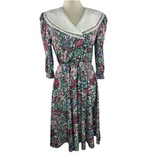 Vtg 80s Sz 8P Whirlaway Frocks Floral Midi Dress White Collar Made in the USA