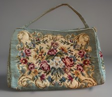 Vintage 1950s Needlepoint Floral Handbag Petit Point Tapestry Bag Gold Tone Zip
