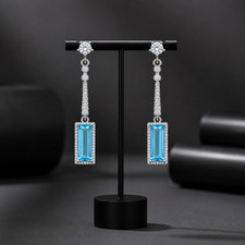 Elongated Baguette Geometric Sky Blue Topaz Halo Statement Earrings