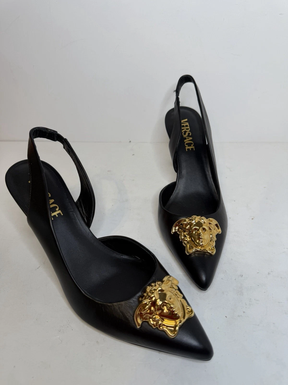 Versace — Versace Medusa Slingback Heels Black Gold Pointed Toe Pumps EU 37 New