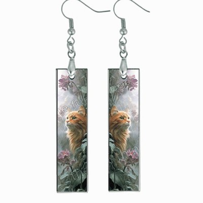 Muted Art Orange Tabby Cat Dangle Bar Earrings Wood Handmade Cat Lover Jewelry