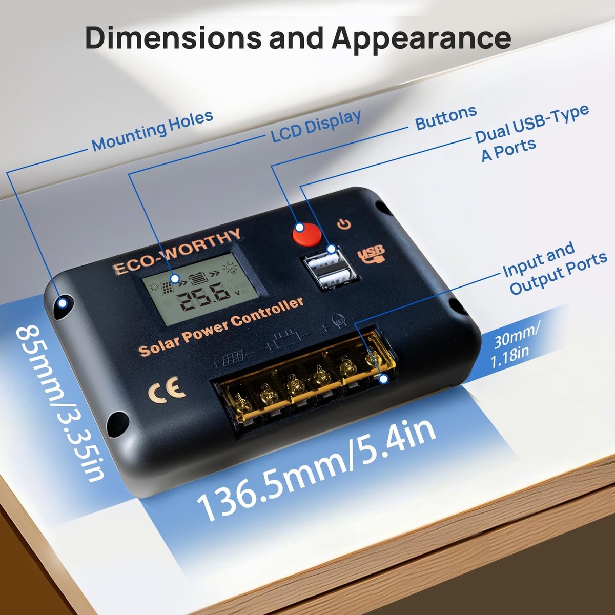 ECO-WORTHY Solar Charge Controller 12V/24V, Intelligent Controller with Two USB Ports, LCD Display