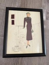 FRAMED Arlene Vtg Fashion Design Sketches And Fabric Print Illustration Art