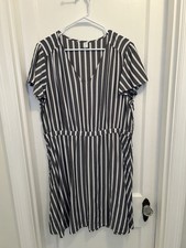 Old Navy Gray & White Stripes Elastic Waist V-Neck Dress | Womens XL