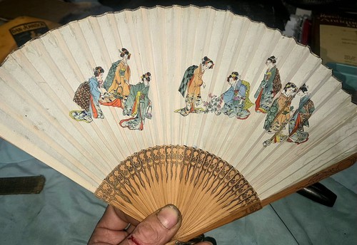 Vintage Hand Made Asian Art Folding Hand Fan 'Asain Women Collecting Flowers'