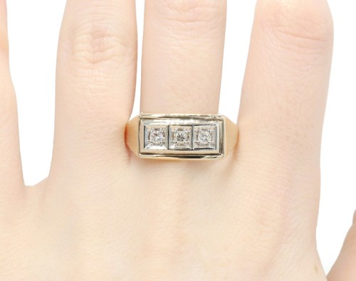 Anillo llamativo de diamantes redondos de 0,18 quilates de oro de dos tonos de 10 quilates de 3 piedras para hombre TG - 4,6 g - Imagen 17 de 20