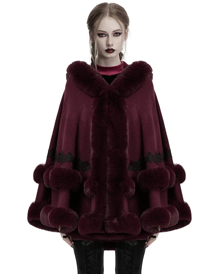Punk Rave Daily Life Womens Plush Faux Fur Lace Trim Hooded Winter Cloak Red - Image 4 of 4
