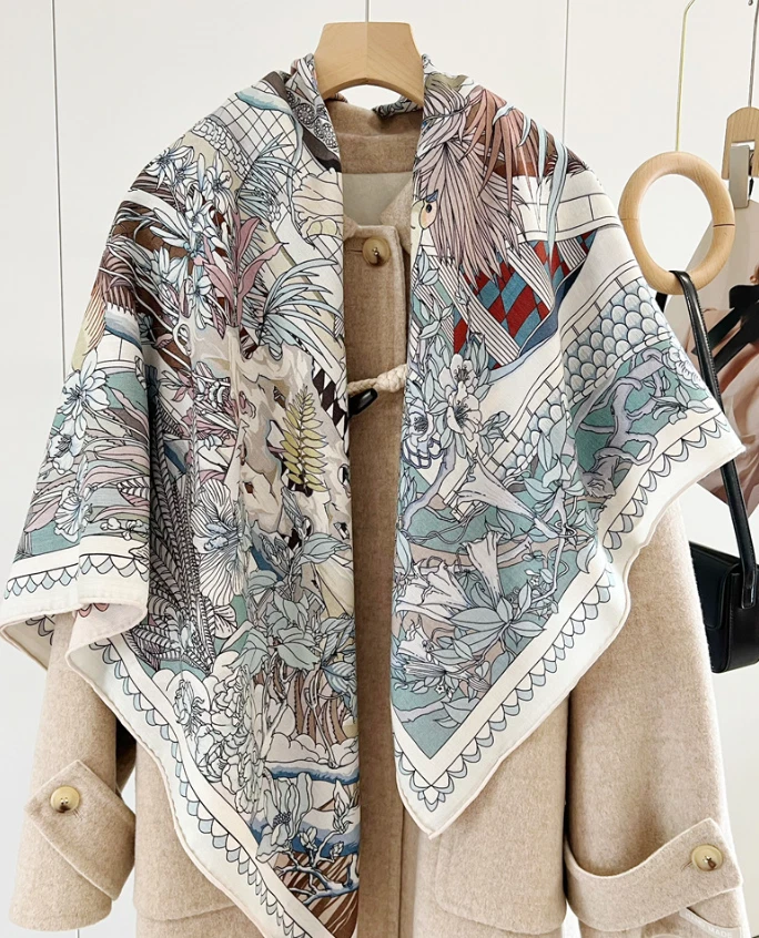 Bufanda envolvente 70 % cachemira 30 % seda estampado de flores bosque chal estampado de doble cara 53"" Foto 3 de 4