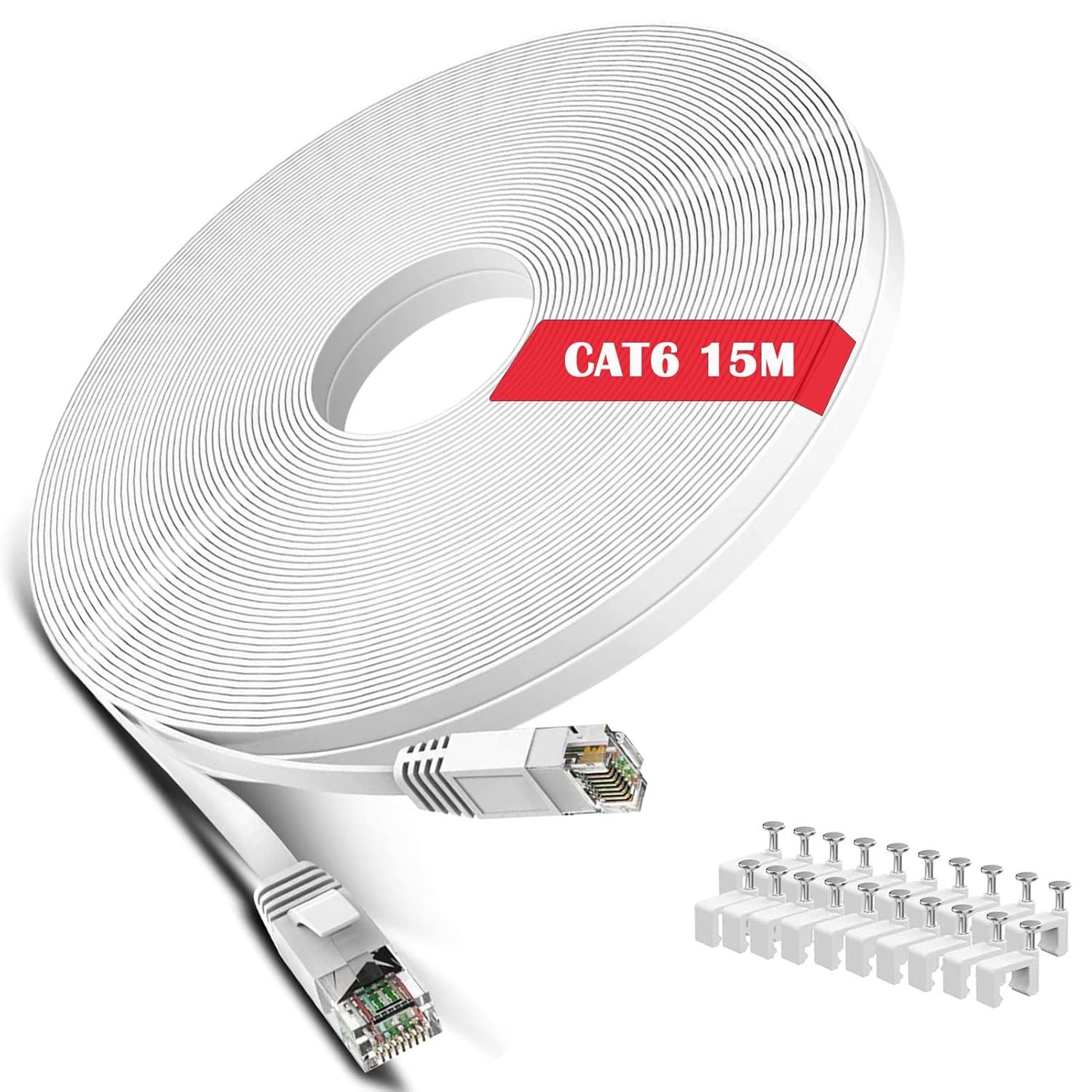 Cat 6 Ethernet Cable 50 ft White - Flat Internet Network LAN Patch Cords – Solid
