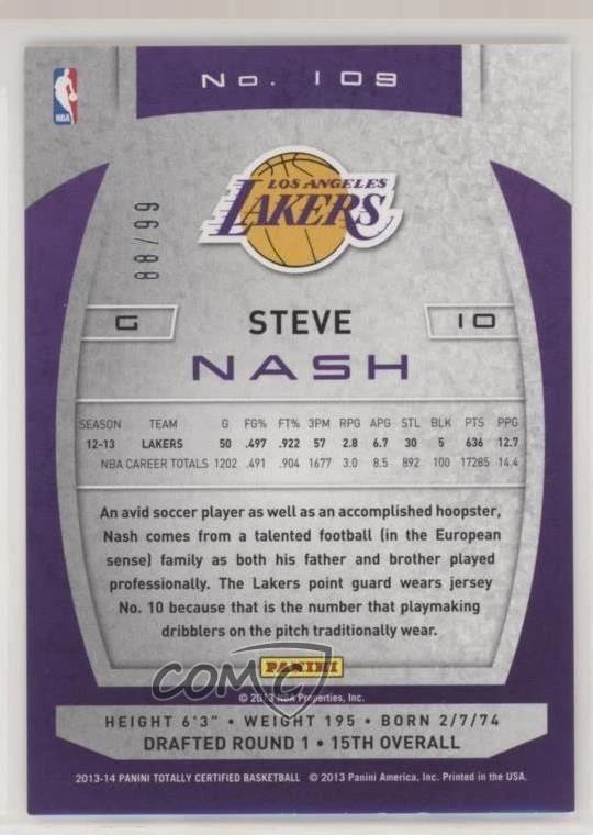 2013-14 Totally Certified Totally Red /99 Steve Nash #109 HOF - Image 2 of 2