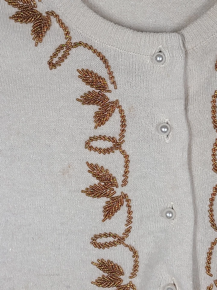 Cárdigan Suéter De Colección Años 50 Cuentas Cachemira Hoja Bronce Patrón Vid Perla 38 S/M Foto 4 de 4