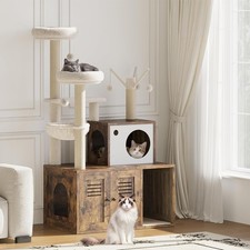 Modern Wooden Cat Tree W/ Hidden Litter Box Multi-Level Condo W/ Scratching Post