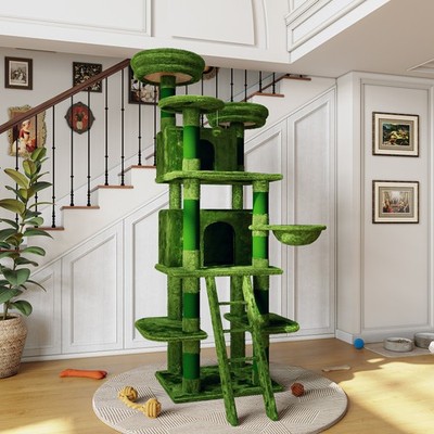 Large 70.87in Cat Tree W/2 Private Condos,3 Perches&Hanging Hammock GREEN