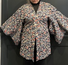 Authentic Vintage Japanese Navy Blue Kimono Robe With Maple Leaves Cotton Blend