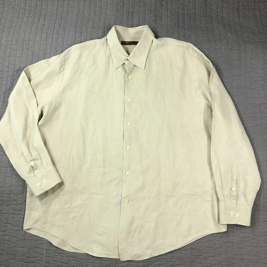 Perry Ellis Shirt Men 2XL XXL Biege 100% Linen Classic Resort Coastal Beach