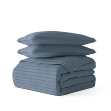 All Season 3-Pcs Dusk Blue Microfiber Full/Queen Stripe Stitch Quilt Set with Sh