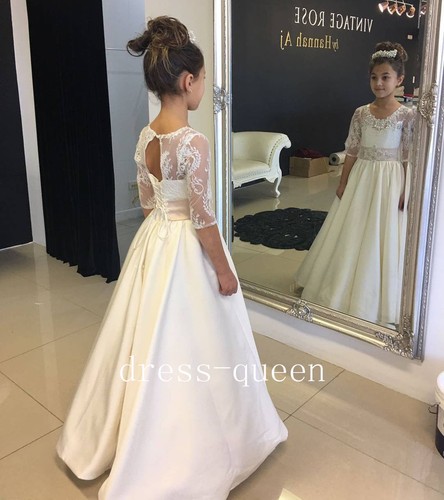 Girls Pageant Dress Lace Satin A-Line Long Flower Girl Dresses With Bow Crystals - Picture 3 of 7