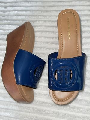 TOMMY HILFIGER Brynn Platform Wedge blue LOGO Sandal SZ 10