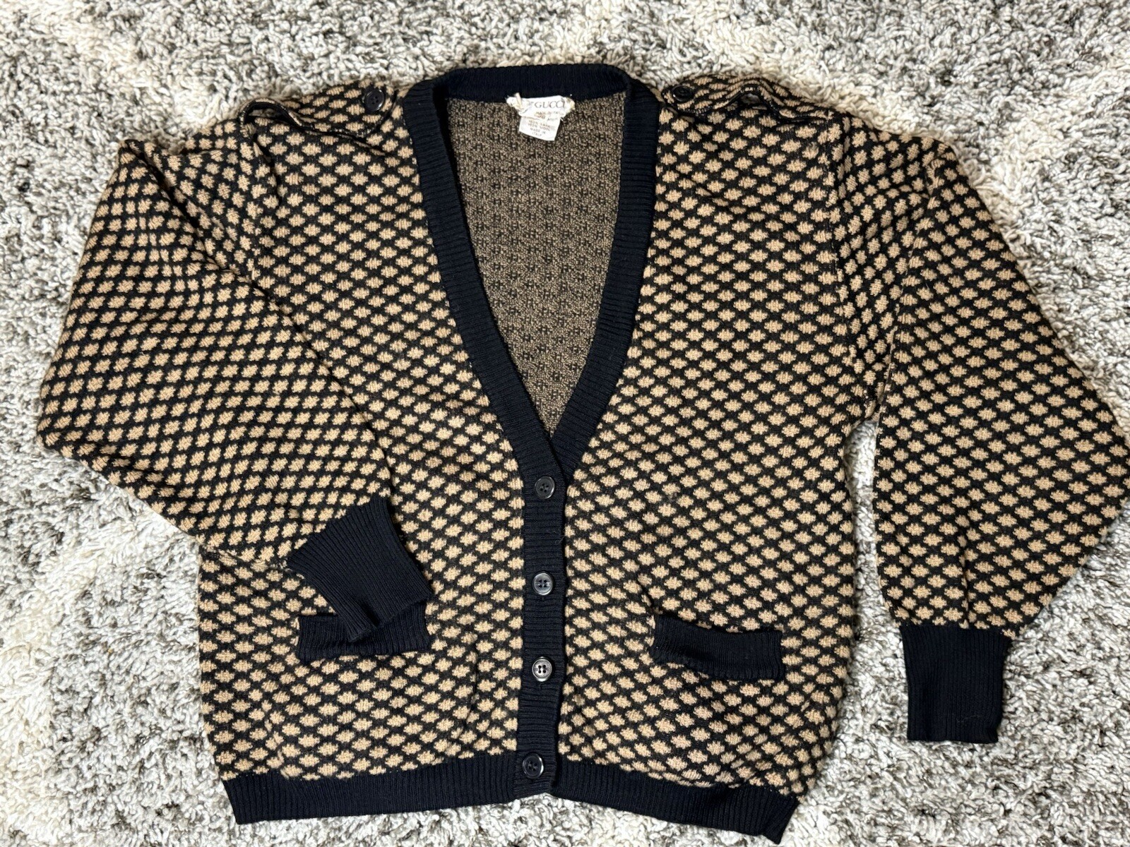 Gucci Vintage Printed Patterned Oversized Black Brown Wool Cardigan Size 38