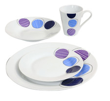 16-Piece Dinner Set White Purple Blue Crockery Porcelain Plates Bowls Mugs for 4
