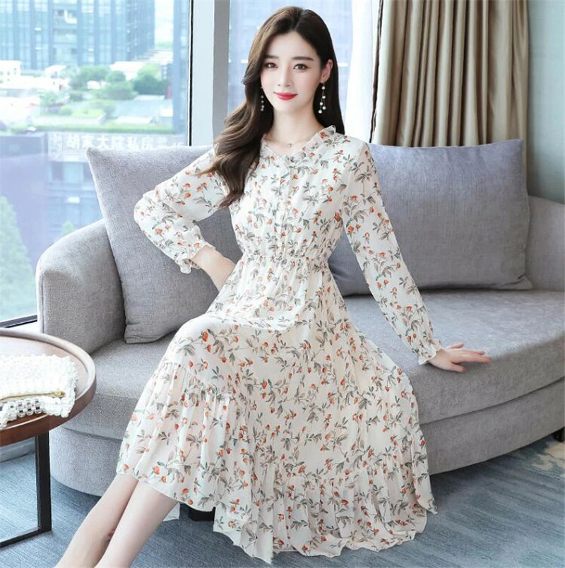 Women's Knee High Dress Floral Chiffon Long Sleeve Fashion Casual