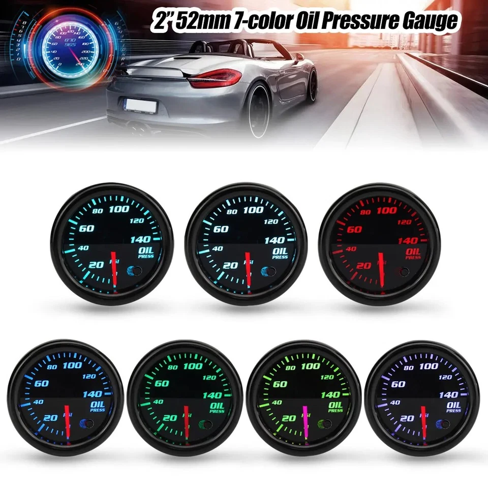 Mechanical 2" 52mm 12V 7 Color LED Oil Pressure Gauge Meter w Sensor 0-140 PSI - Image 3 of 4