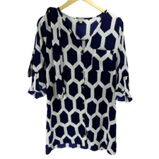 Cremieux Women's Navy Blue White Size M Print Dress Gold Buttons Belted USA Made
