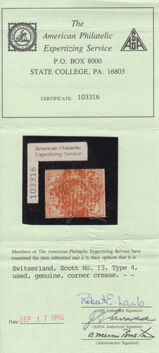 Switzerland Sc 13 used. 1852 15c vermilion, type 4, red cancel, fresh, CERT - Picture 3 of 4