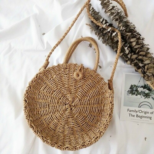 Donna Paglia Borsa Vimini Rattan Borsa a Tracolla Spiaggia Rotondo Boho  Vacanza | eBay