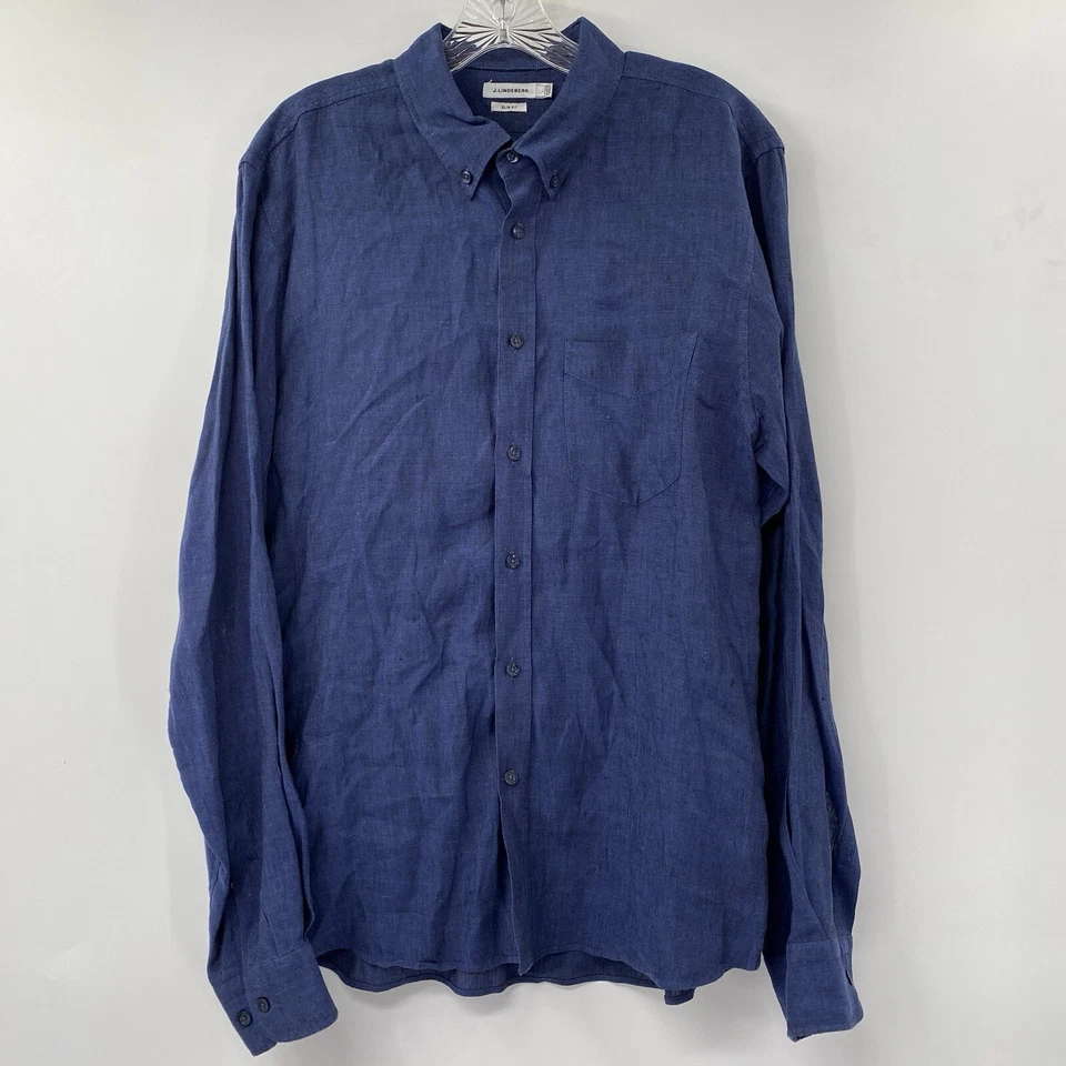 J. Lindeberg Men's Large Daniel Linen Melange Blue Slim Fit Long Sleeve Shirt - Image 2 of 4