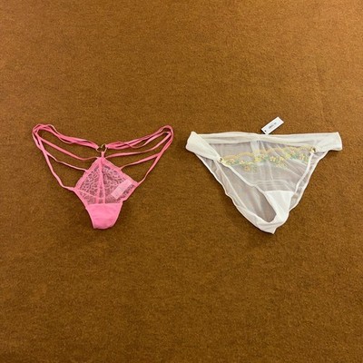 Adore Me Womens Large Pink Lace Thong White Mesh Bikini Panty 2 Pieces NWT