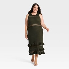 Women Ruffle Sweater Midi Dress - A New Day Olive Green 2X