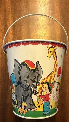 Vintage J. Chein Tin Litho Sand Pail Graphics Of Children At The Circus