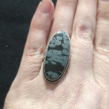 Silver Plated Black And Gray Snowflake Obsidian Gemstone Oval Statement Ring - 7