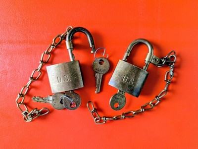 Rare Vintage Old USA American Lock Co Brass U.S. Lock Padlock w 9'' Chain, No Key