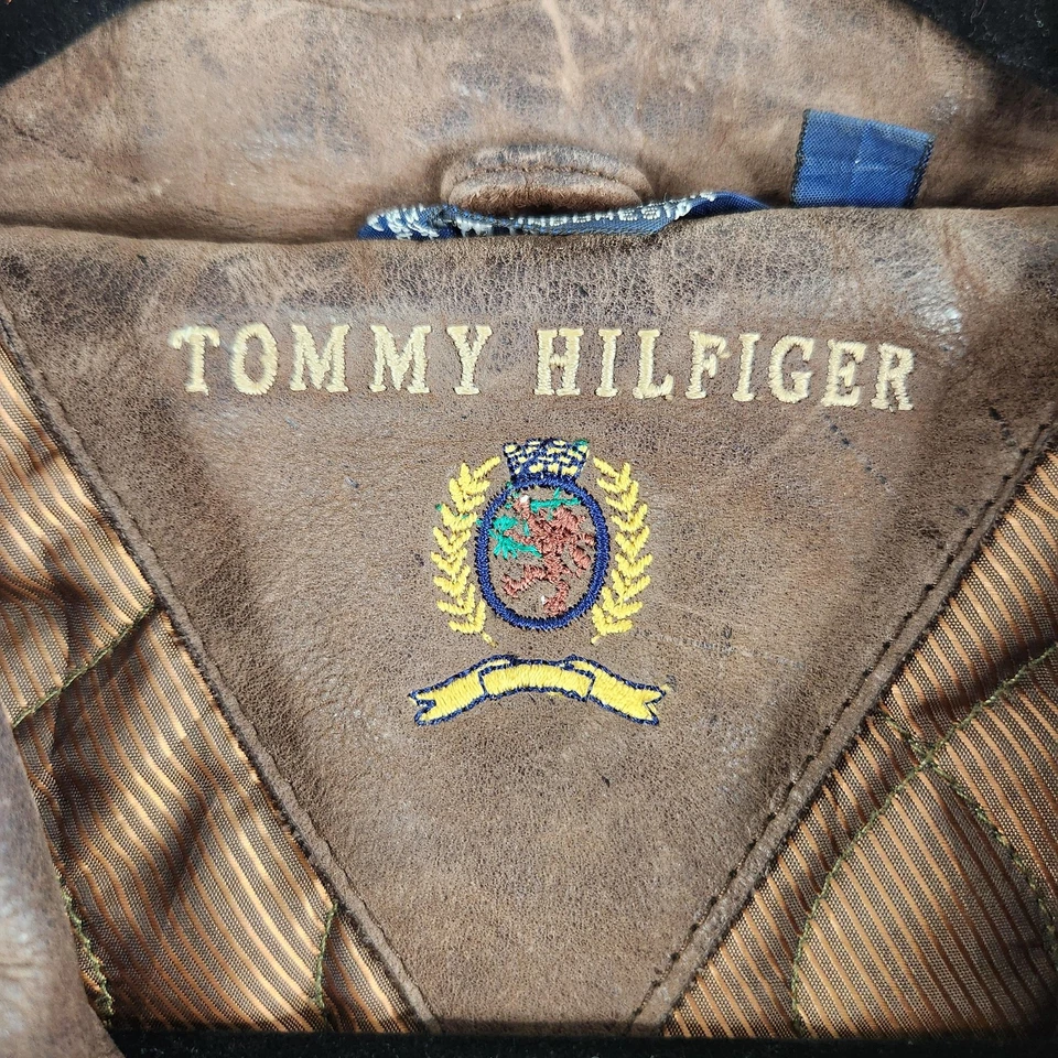 Chaqueta de Cuero Tommy Hilfiger De Colección Para Hombre XL Marrón Edredón Forrado Bolsillos con Solapa Foto 4 de 4