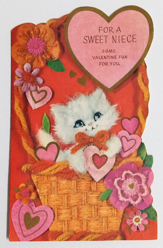 Vintage Unused Valentines Day Kitten Sweet Niece c1960s Greeting Card 6.75"h