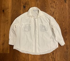 zara women's white long sleeve studded bead pockets button up Shirt Size M
