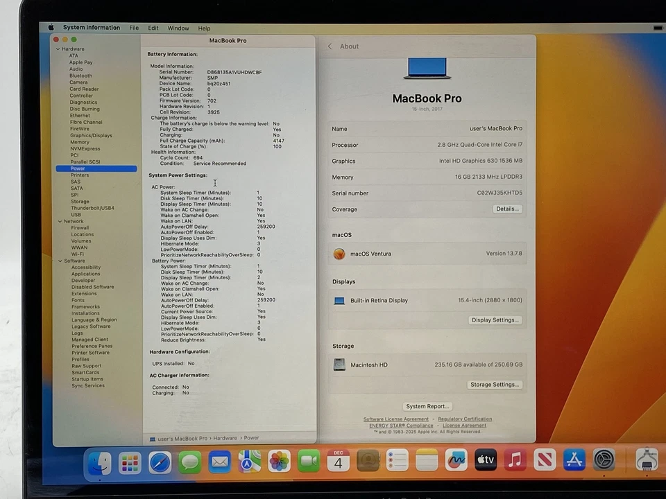 Apple MacBook Pro 2017 15" Core i7 2.8GHz 16GB RAM 250GB SSD MacOS Ventura - Image 2 of 4