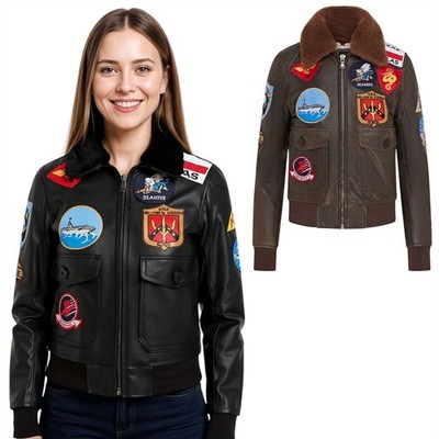 Damen Top Gun Tom Cruise Lammfellkragen A2 Bomber Lederjacke