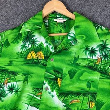 Vintage Aloha Shirt Mens M Green Hawaiian Boats Palm Camp Collar Made in USA 70s