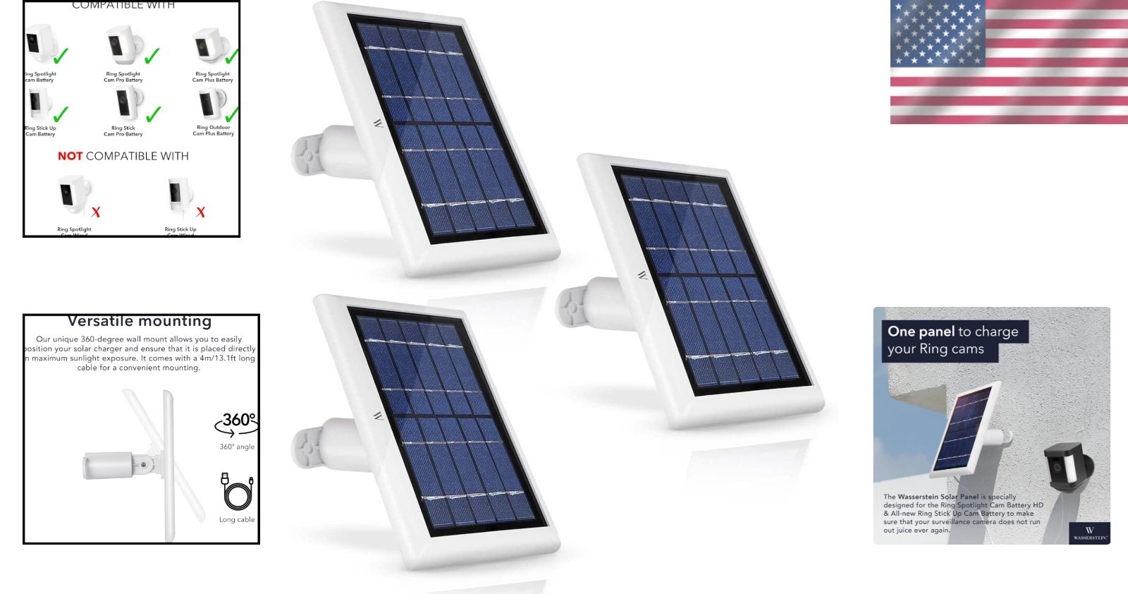 Solar Panel Charger for Ring Spotlight Cam - 3 Pack
